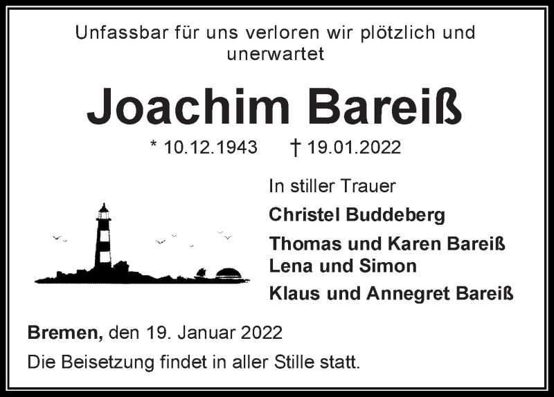  Traueranzeige für Joachim Bareiß vom 29.01.2022 aus WESER-KURIER
