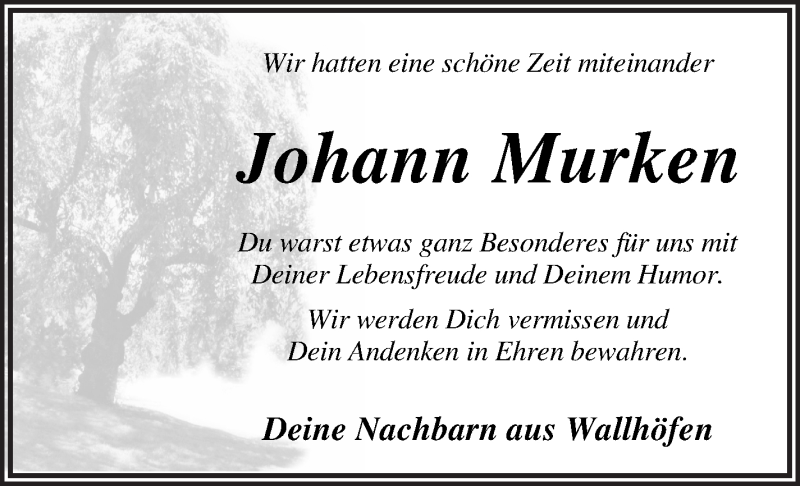 Traueranzeige für Johann Murken vom 12.01.2022 aus Osterholzer Kreisblatt