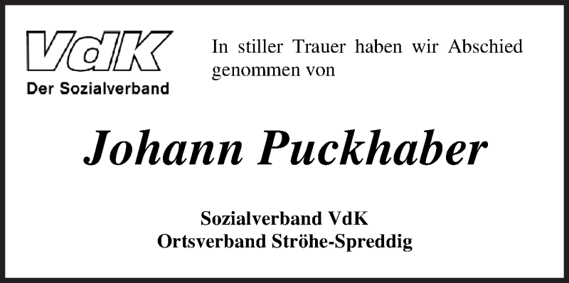  Traueranzeige für Johann Puckhaber vom 04.01.2022 aus Osterholzer Kreisblatt