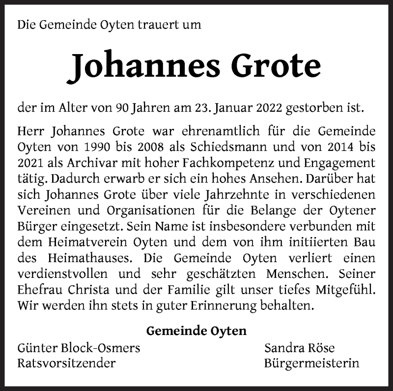  Traueranzeige für Johannes Grote vom 29.01.2022 aus Achimer Kurier/Verdener Nachrichten