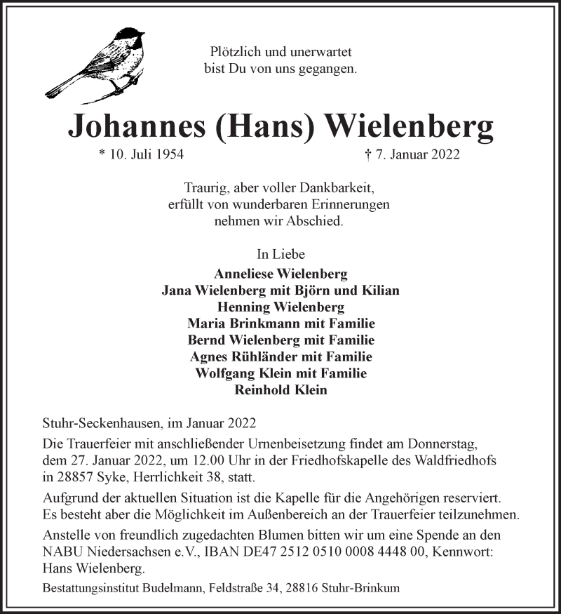  Traueranzeige für Johannes Wielenberg vom 19.01.2022 aus Regionale Rundschau/Syker Kurier