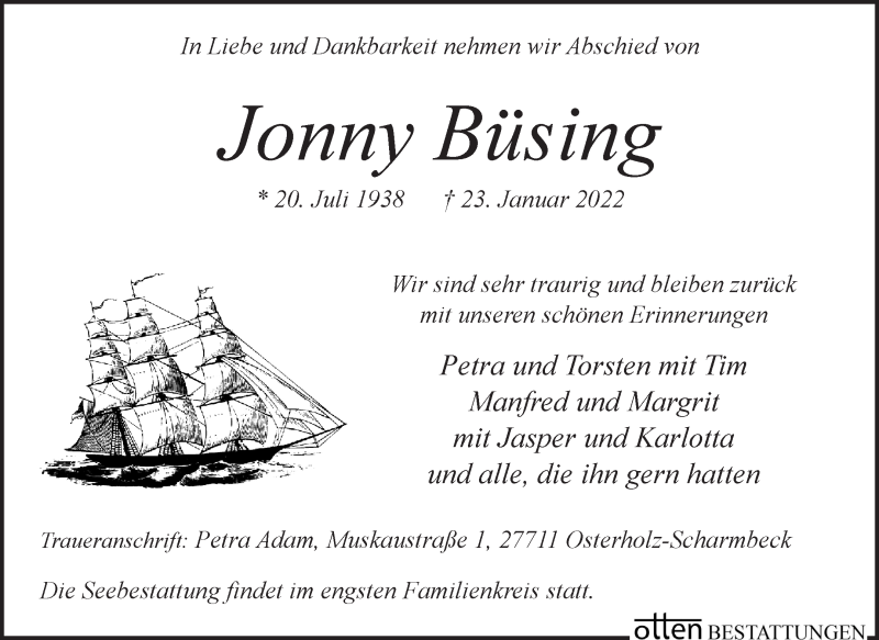  Traueranzeige für Jonny Büsing vom 29.01.2022 aus Osterholzer Kreisblatt