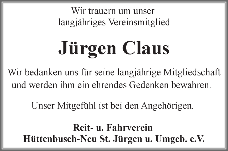  Traueranzeige für Jürgen Claus vom 27.01.2022 aus Wuemme Zeitung