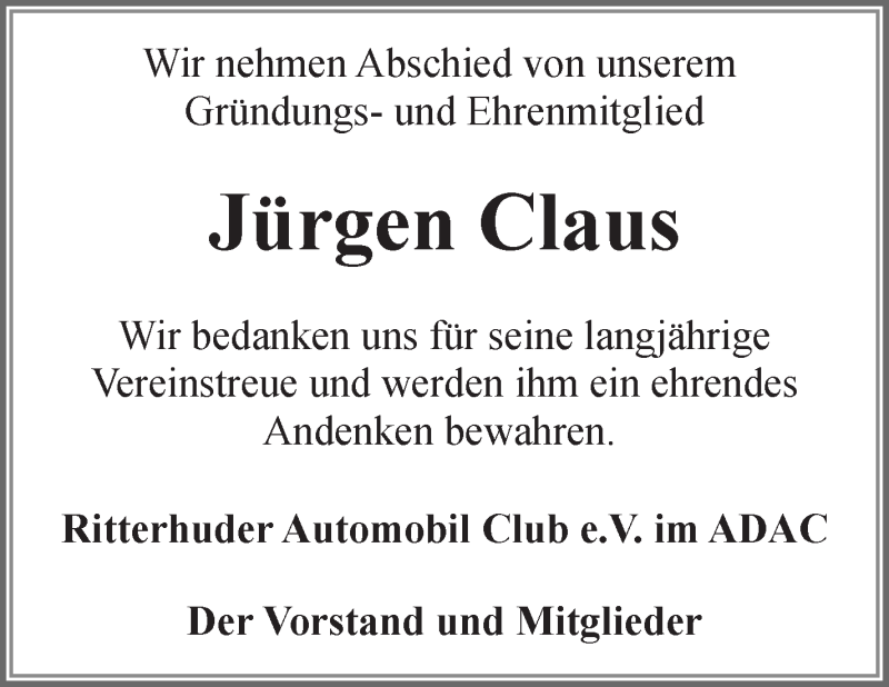 Traueranzeige für Jürgen Claus vom 18.01.2022 aus Wuemme Zeitung