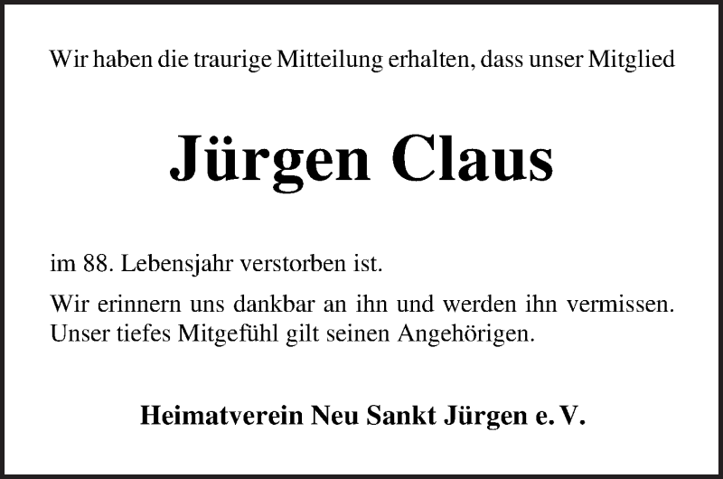  Traueranzeige für Jürgen Claus vom 20.01.2022 aus Wuemme Zeitung