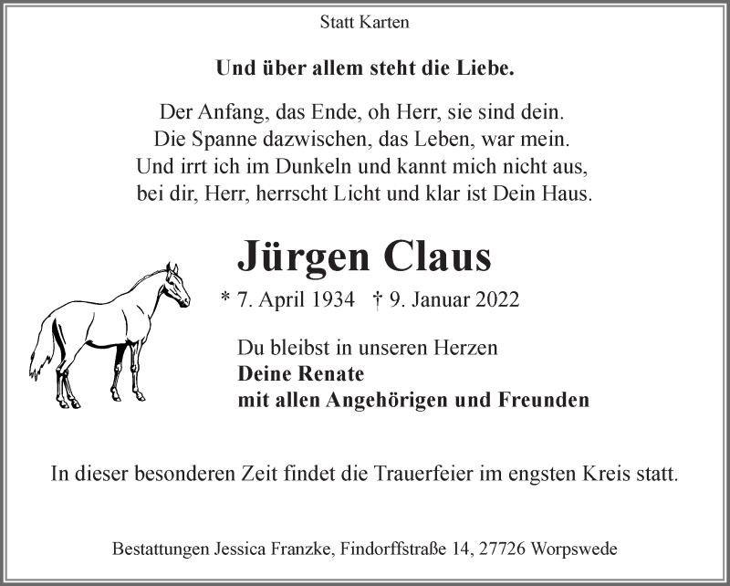  Traueranzeige für Jürgen Claus vom 15.01.2022 aus Wuemme Zeitung