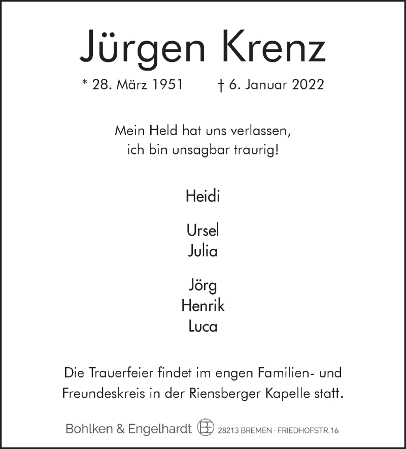  Traueranzeige für Jürgen Krenz vom 12.01.2022 aus WESER-KURIER