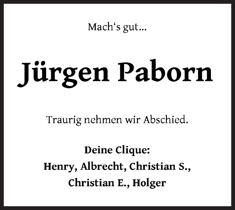  Traueranzeige für Jürgen Paborn vom 19.01.2022 aus WESER-KURIER