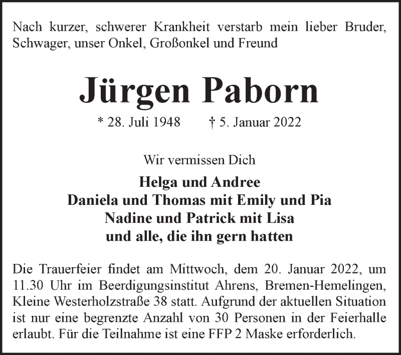 Traueranzeige für Jürgen Paborn vom 12.01.2022 aus WESER-KURIER