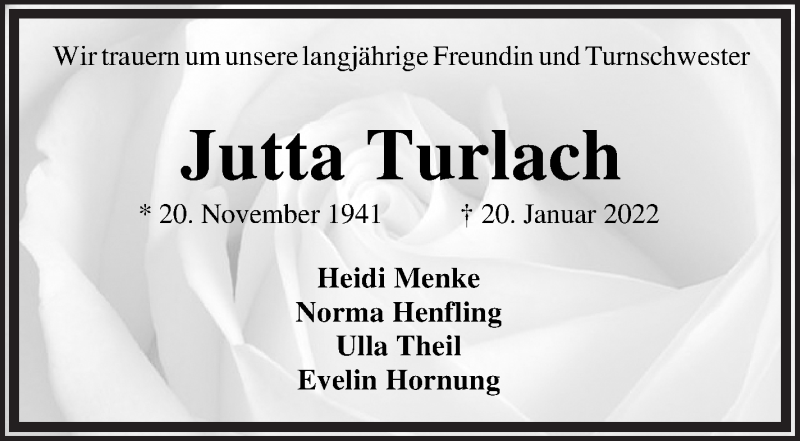  Traueranzeige für Jutta Turlach vom 26.01.2022 aus WESER-KURIER