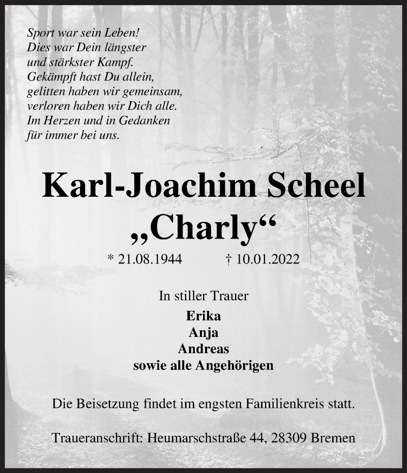  Traueranzeige für Karl-Joachim Scheel vom 22.01.2022 aus WESER-KURIER