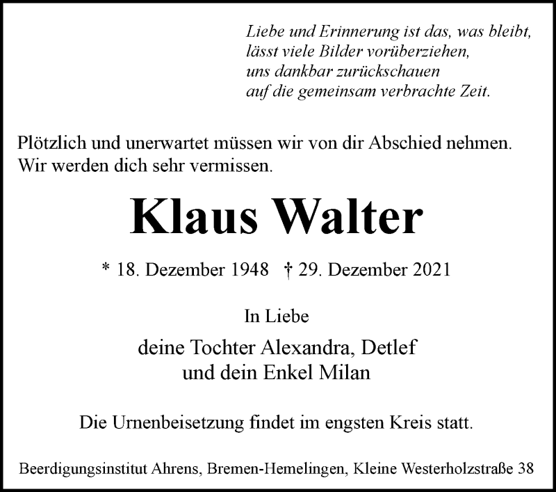  Traueranzeige für Klaus Walter vom 08.01.2022 aus WESER-KURIER