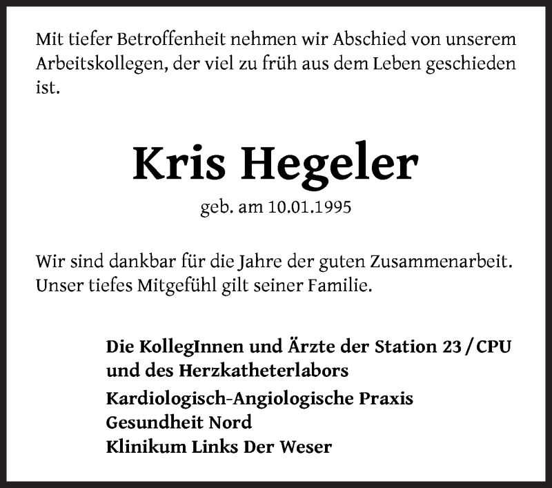  Traueranzeige für Kris Hegeler vom 10.01.2022 aus WESER-KURIER