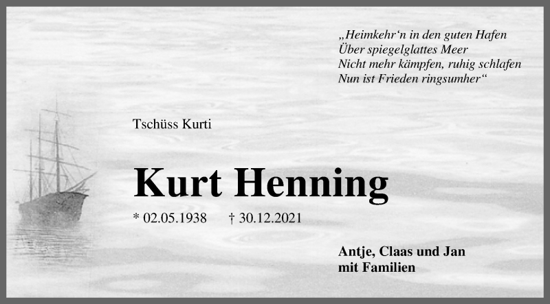  Traueranzeige für Kurt Henning vom 08.01.2022 aus Die Norddeutsche