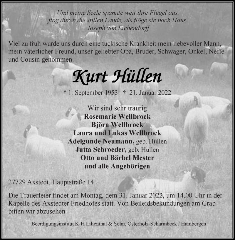  Traueranzeige für Kurt Hüllen vom 28.01.2022 aus Osterholzer Kreisblatt