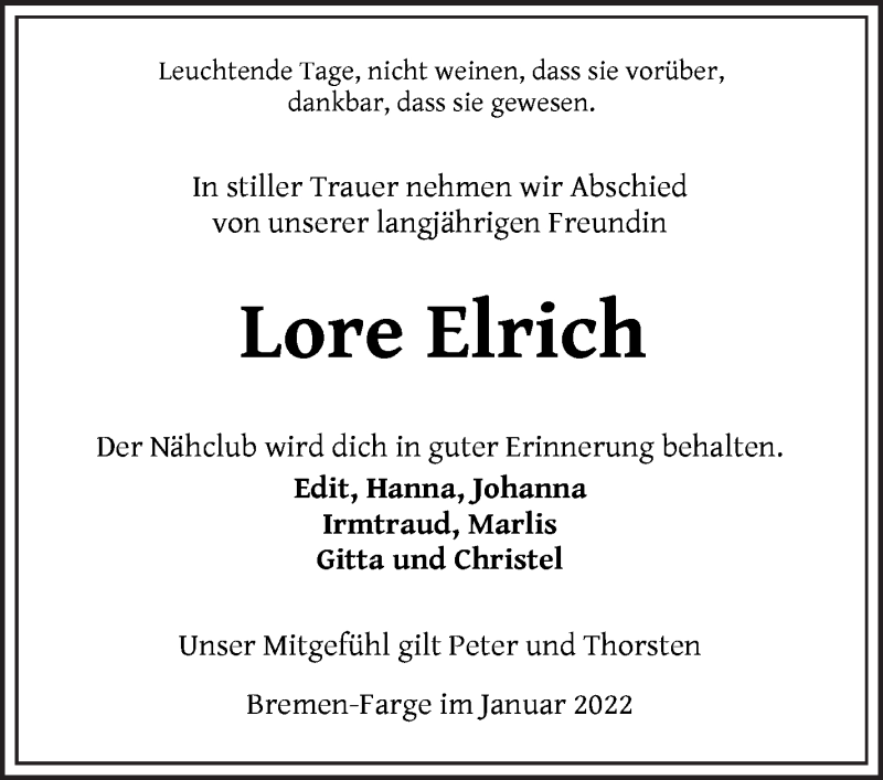  Traueranzeige für Lore Elrich vom 12.01.2022 aus Die Norddeutsche