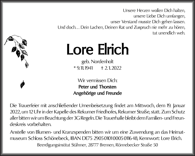 Traueranzeige für Lore Elrich vom 08.01.2022 aus Die Norddeutsche