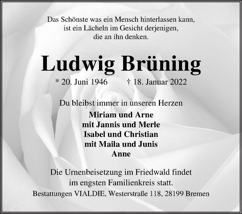  Traueranzeige für Ludwig Brüning vom 22.01.2022 aus WESER-KURIER