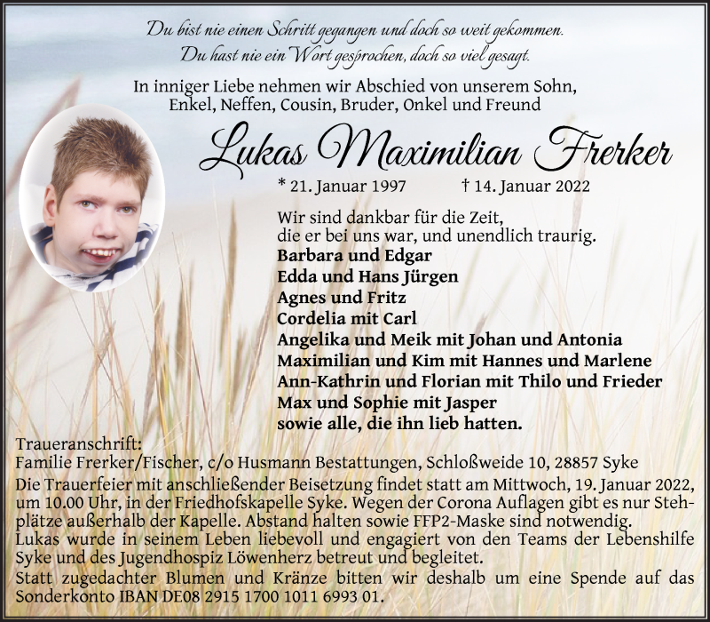  Traueranzeige für Lukas Maximilian Frerker vom 18.01.2022 aus Regionale Rundschau/Syker Kurier