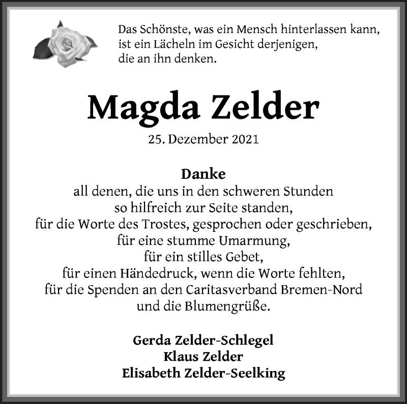 Traueranzeige für Magda Zelder vom 29.01.2022 aus Die Norddeutsche