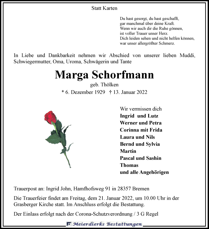  Traueranzeige für Marga Schorfmann vom 15.01.2022 aus Wuemme Zeitung