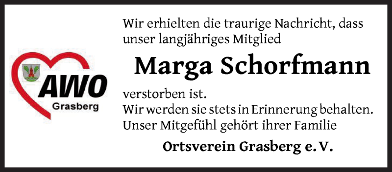  Traueranzeige für Marga Schorfmann vom 15.01.2022 aus Wuemme Zeitung