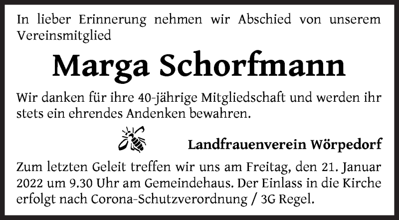  Traueranzeige für Marga Schorfmann vom 18.01.2022 aus Wuemme Zeitung