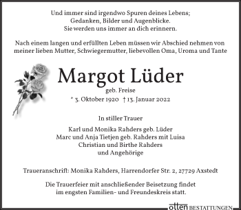 Traueranzeige von Margot Lüder von Osterholzer Kreisblatt