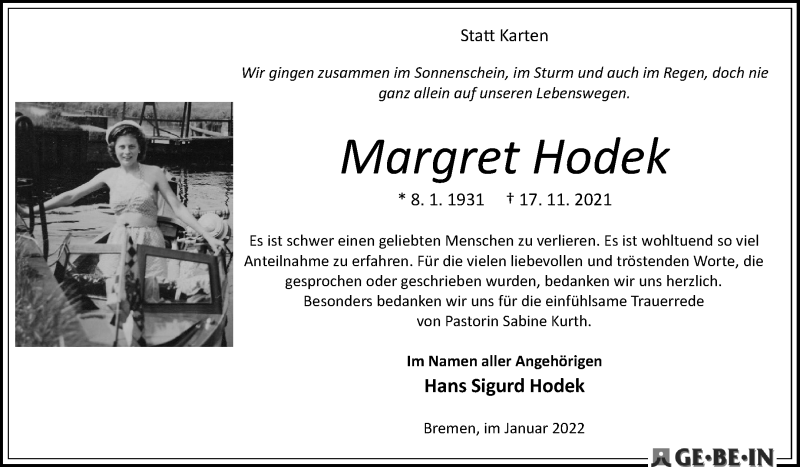  Traueranzeige für Margret Hodek vom 22.01.2022 aus WESER-KURIER