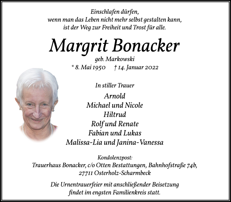 Traueranzeige von Margrit Bonacker von Osterholzer Kreisblatt
