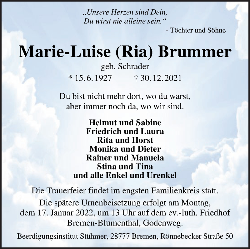  Traueranzeige für Marie-Luise Brummer vom 05.01.2022 aus Die Norddeutsche