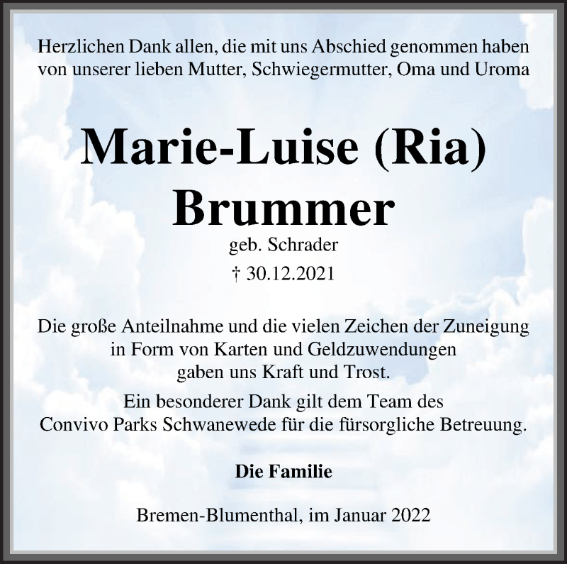 Traueranzeige von Marie-Luise Brummer von Die Norddeutsche