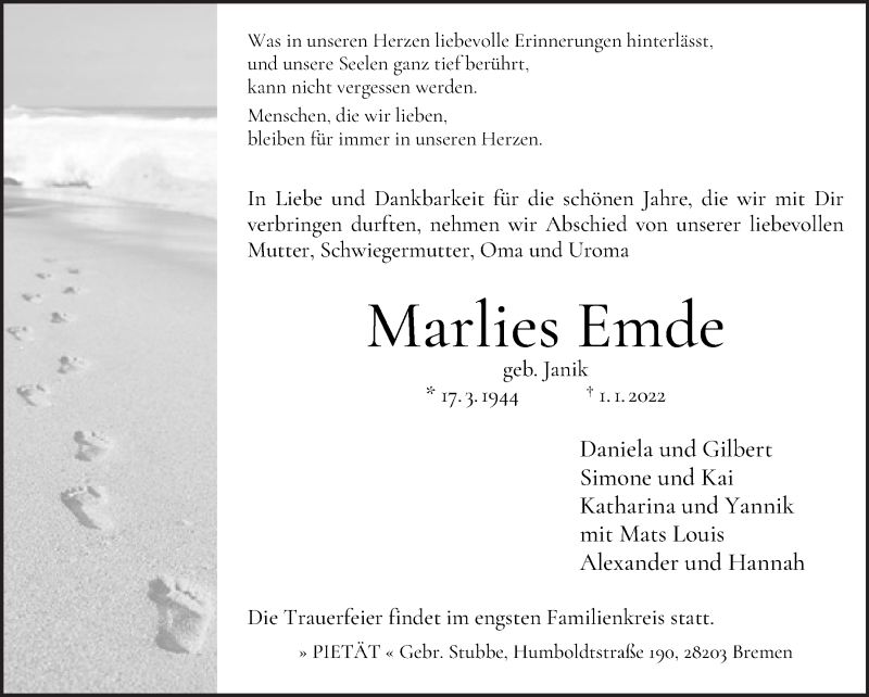 Traueranzeige von Marlies Emde von WESER-KURIER