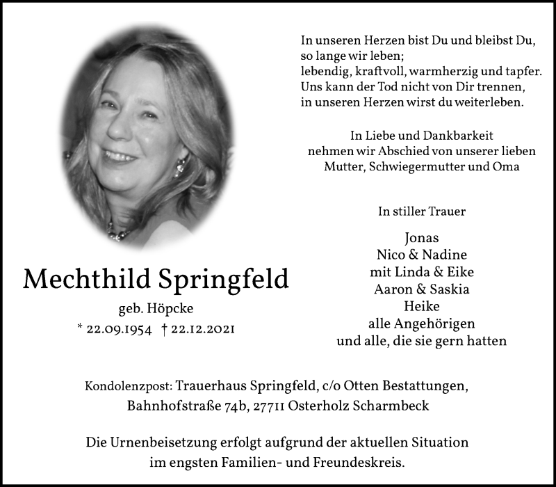 Traueranzeige von Mechthild Springfeld von Osterholzer Kreisblatt