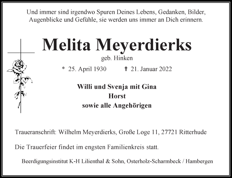  Traueranzeige für Melita Meyerdierks vom 29.01.2022 aus Osterholzer Kreisblatt