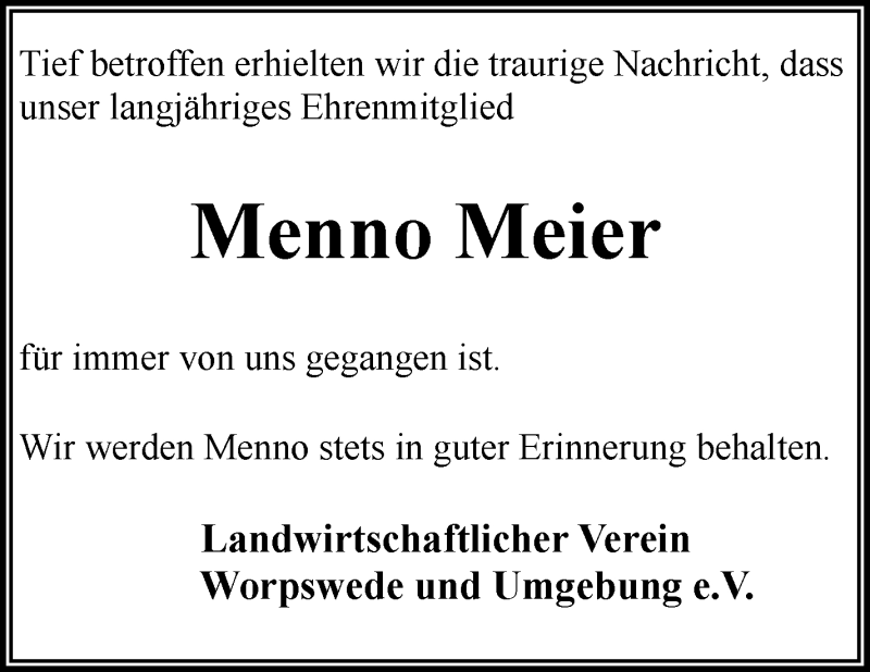  Traueranzeige für Menno Meier vom 07.01.2022 aus Wuemme Zeitung