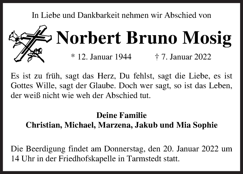 Traueranzeige von Norbert Bruno Mosig von Die Norddeutsche