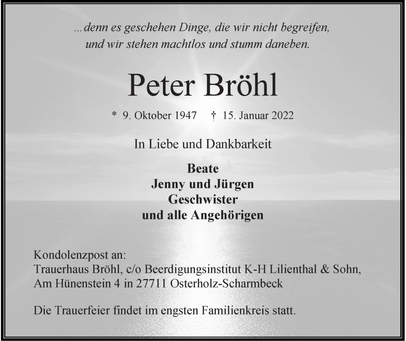 Traueranzeige für Peter Bröhl vom 22.01.2022 aus Osterholzer Kreisblatt