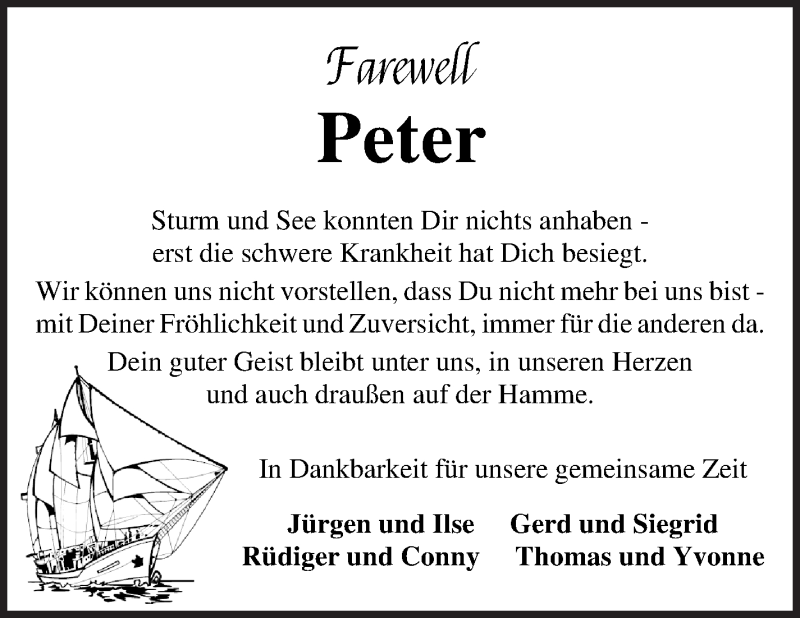  Traueranzeige für Peter Bröhl vom 22.01.2022 aus Osterholzer Kreisblatt