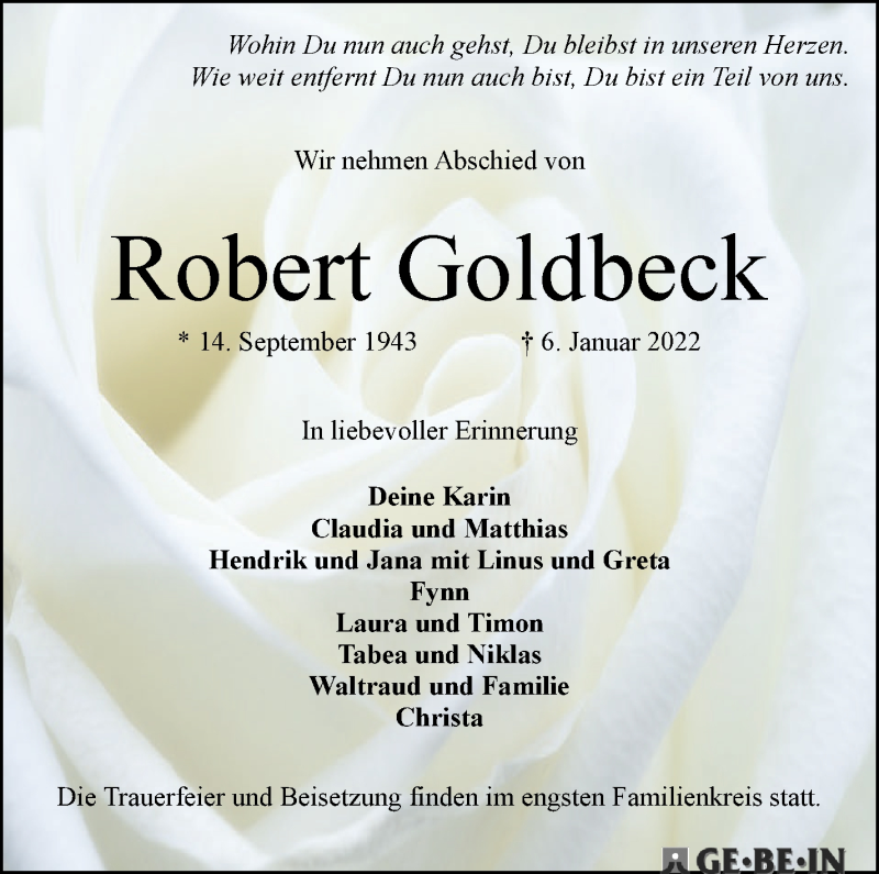  Traueranzeige für Robert Goldbeck vom 22.01.2022 aus WESER-KURIER