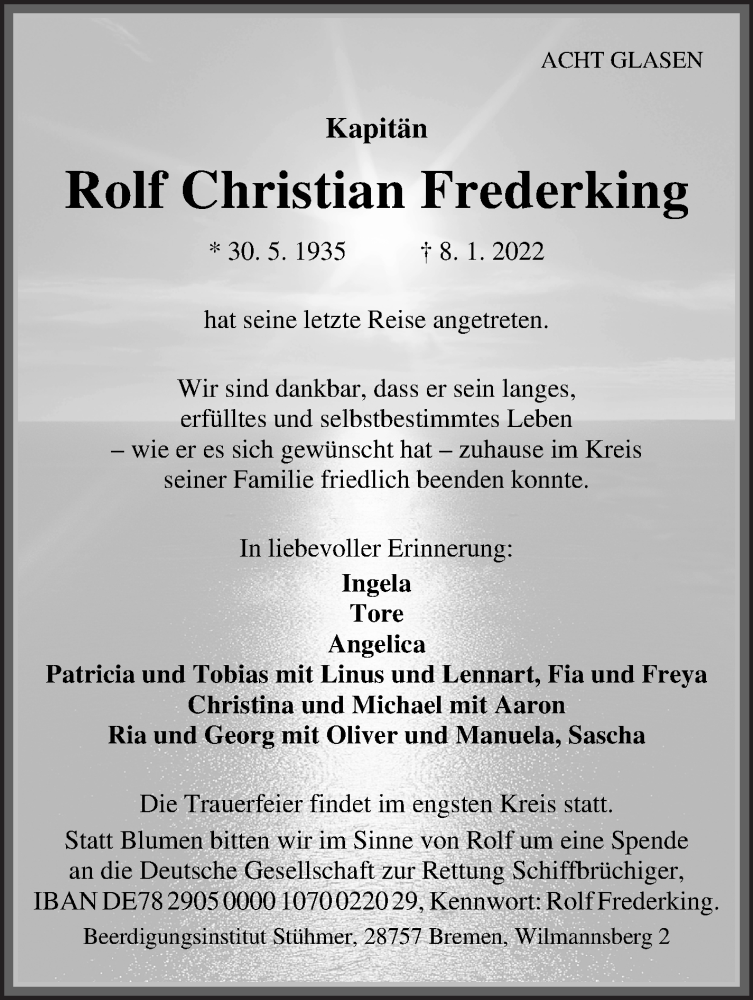  Traueranzeige für Rolf Christian Frederking vom 15.01.2022 aus WESER-KURIER