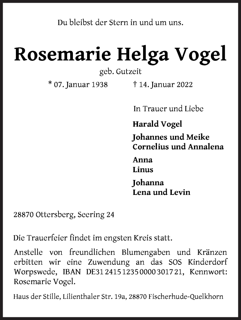  Traueranzeige für Rosemarie Helga Vogel vom 29.01.2022 aus Achimer Kurier/Verdener Nachrichten