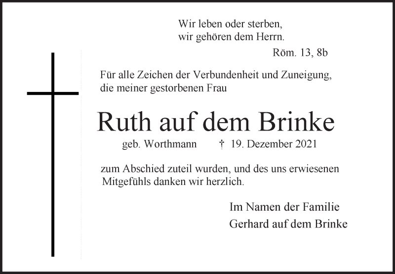  Traueranzeige für Ruth auf dem Brinke vom 29.01.2022 aus Osterholzer Kreisblatt