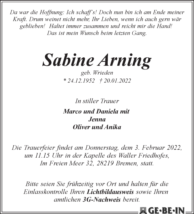  Traueranzeige für Sabine Arning vom 29.01.2022 aus WESER-KURIER