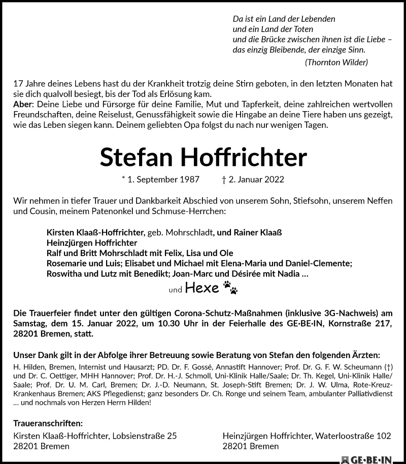  Traueranzeige für Stefan Hoffrichter vom 08.01.2022 aus WESER-KURIER