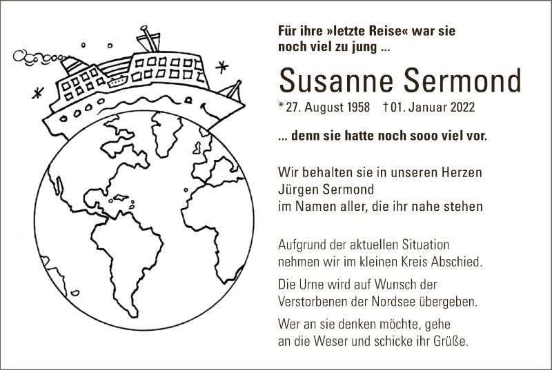  Traueranzeige für Susanne Sermond vom 15.01.2022 aus WESER-KURIER