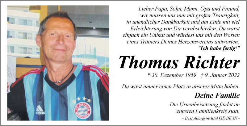 Traueranzeige für Thomas Richter vom 15.01.2022 aus WESER-KURIER