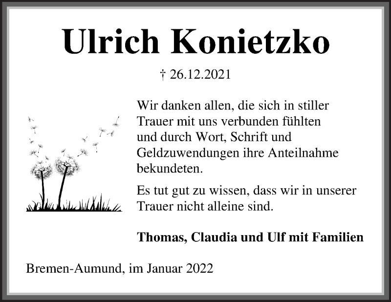  Traueranzeige für Ulrich Konietzko vom 19.01.2022 aus Die Norddeutsche
