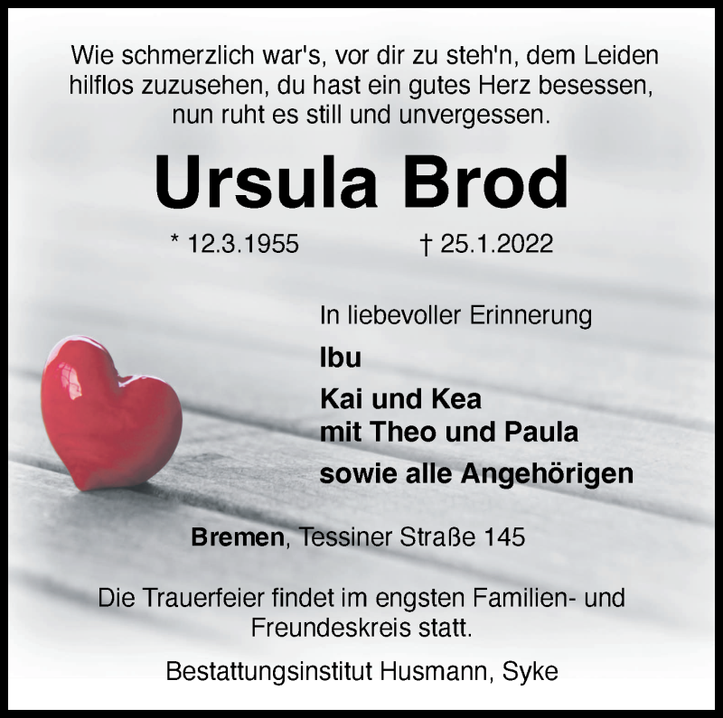  Traueranzeige für Ursula Brod vom 29.01.2022 aus WESER-KURIER