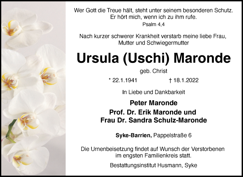  Traueranzeige für Ursula Maronde vom 25.01.2022 aus Regionale Rundschau/Syker Kurier